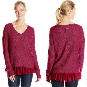 PrAna Plum Red Oversized Chiffon Peplum Underlay Hem Knit Sweater Size Small